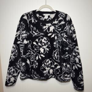 RACHEL ZOE Black White Fuzzy Floral Sweater Pullover Cozycore Soft Girl Size M